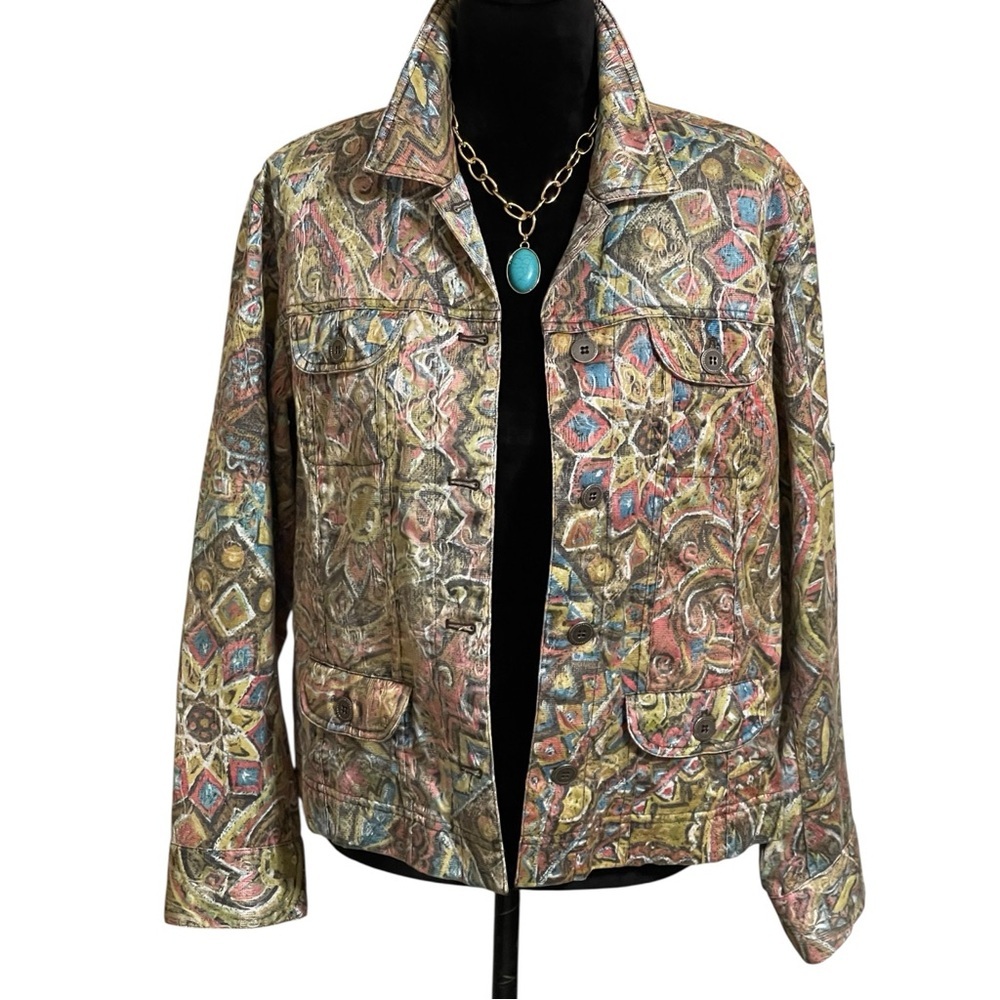 CHICOS VINTAGE RETRO BOHO STYLE  MOSAIC PRINT JACKET SZ LG EUC
